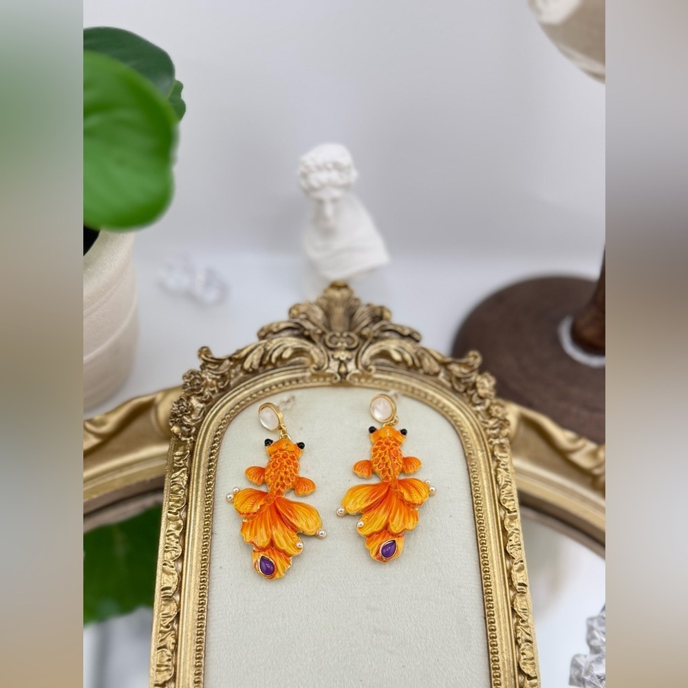 Statement Goldfish Earrings – Hand-Painted Enamel & Pearl Detail - Picture 4 of 10